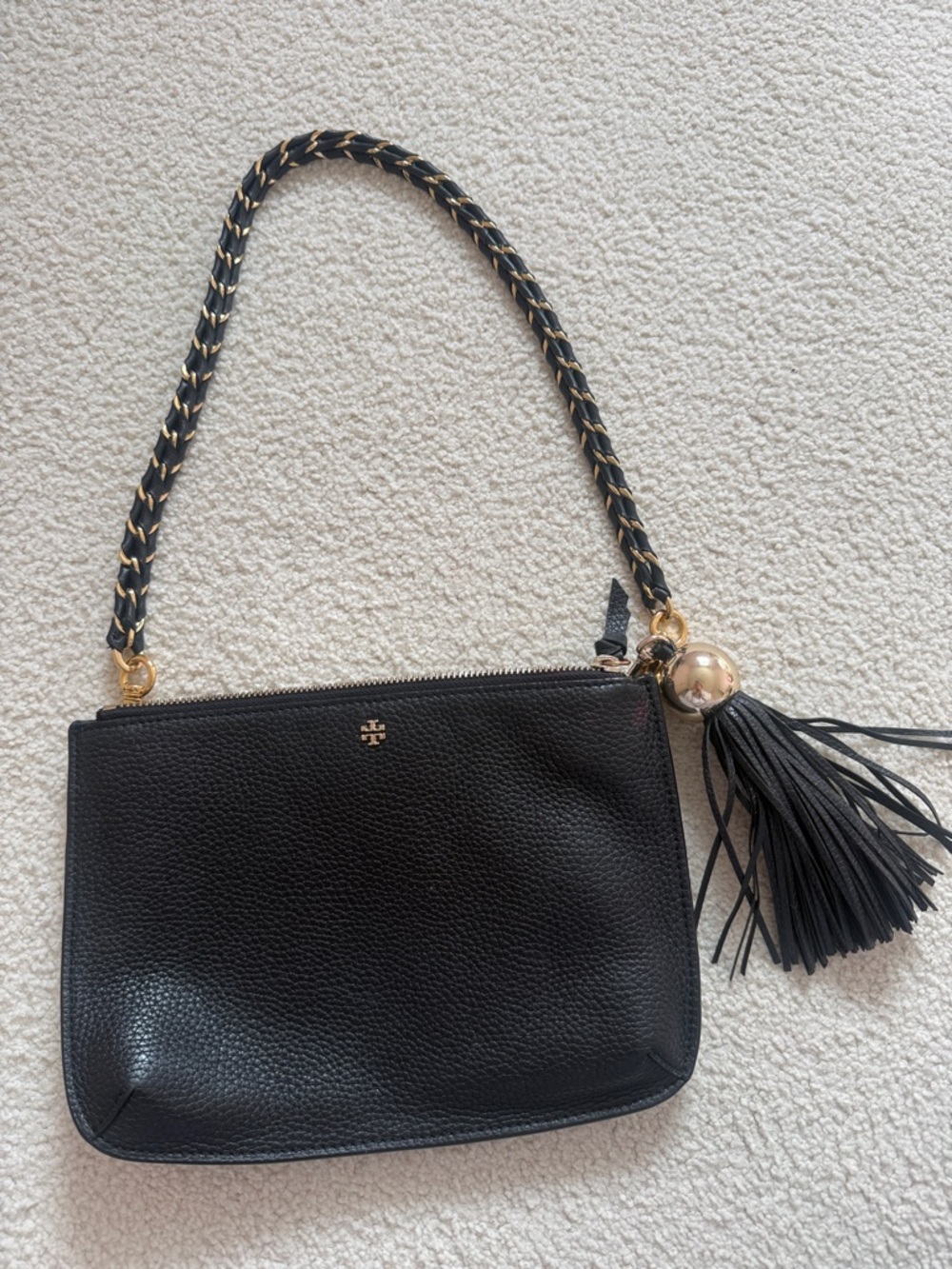 Tory Burch Black Pebbled Leather Shoulder Bag with Braided Chain Strap